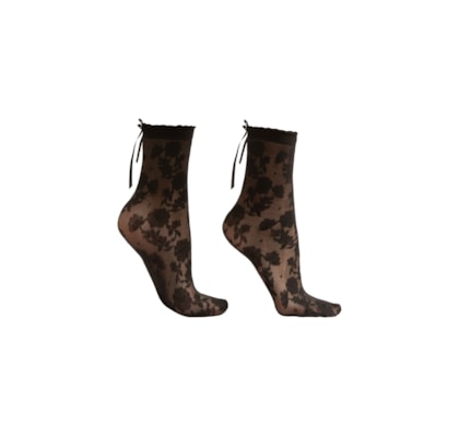 Meia Curta Com Padrão Floral Fio 30 - Preto