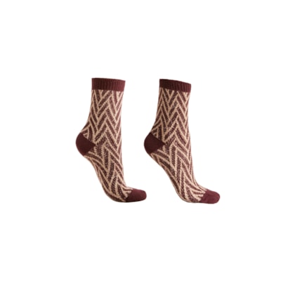 Meia Curta Com Padrão Geométrico e Glitter - Bordô