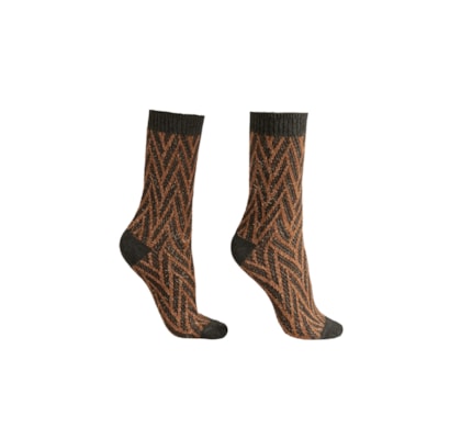 Meia Curta Com Padrão Geométrico e Glitter - Marrom