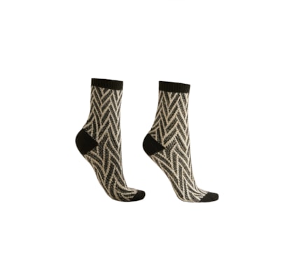 Meia Curta Com Padrão Geométrico e Glitter - Preto