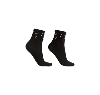 Meia Curta Com Strass e Laços - Preto