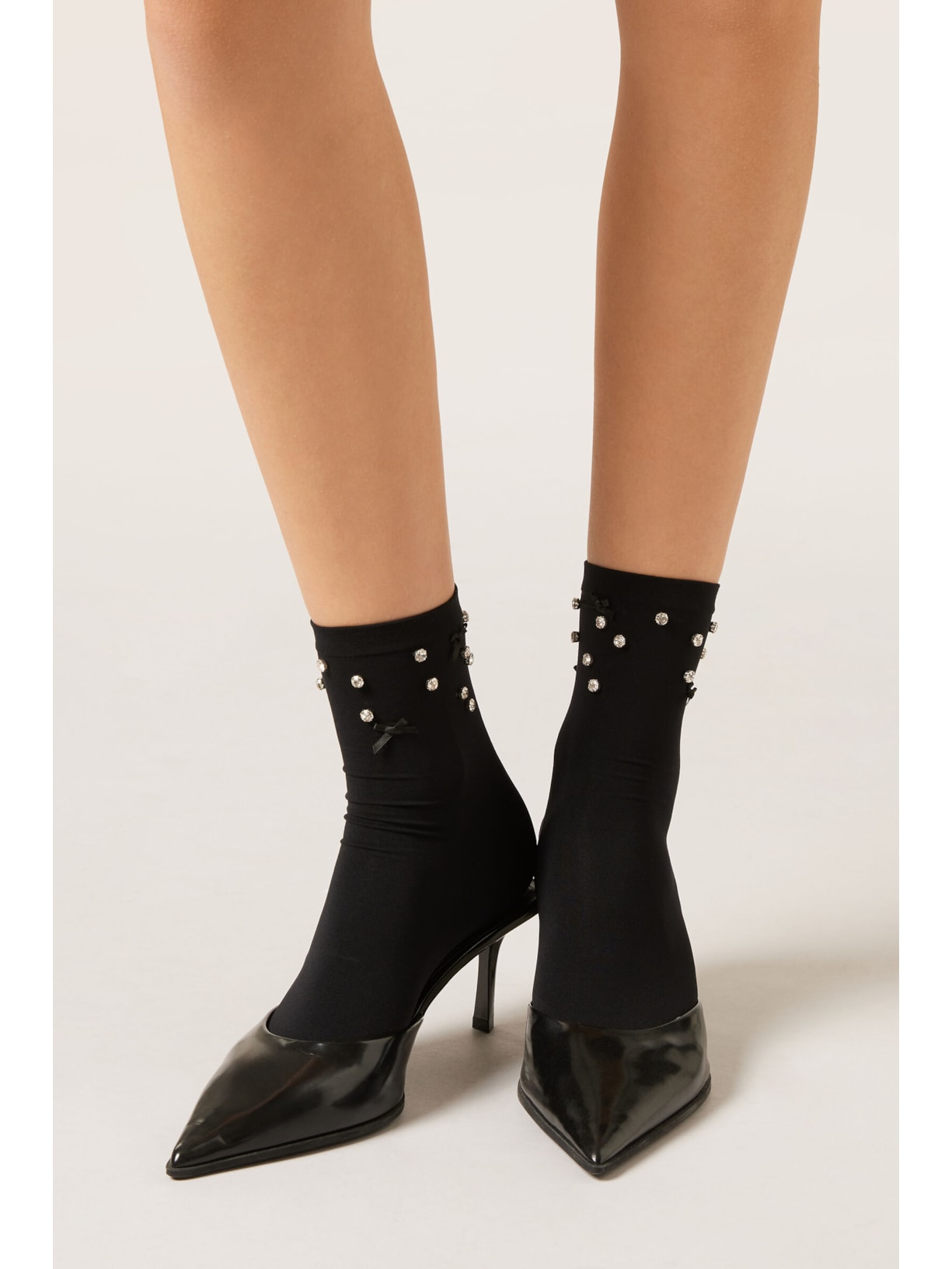 Meia Curta Com Strass e Laços Preto Calzedonia