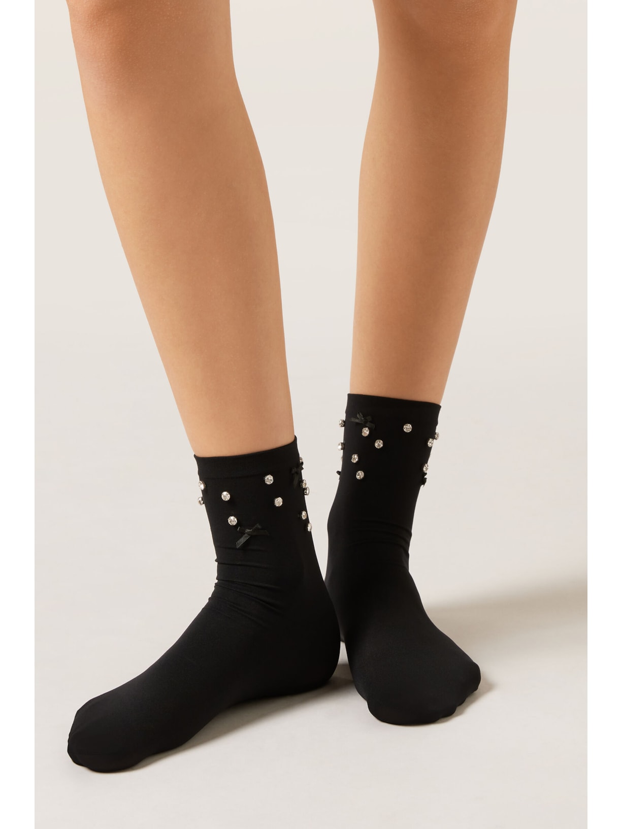 Meia Curta Com Strass e Laços Preto Calzedonia