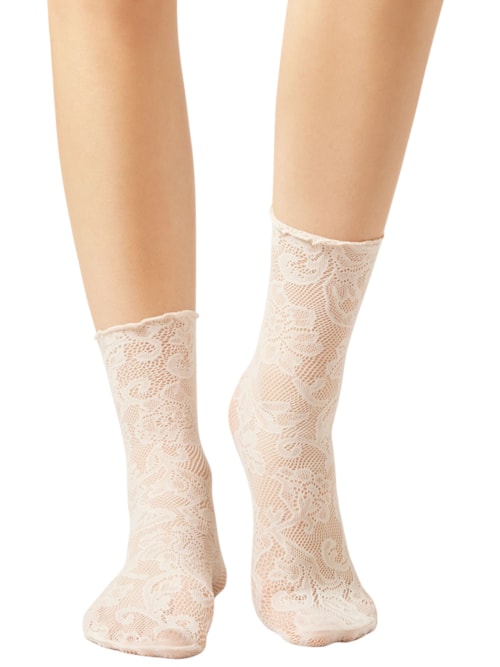 Meia Curta De Rede Com Renda Floral - Branco
