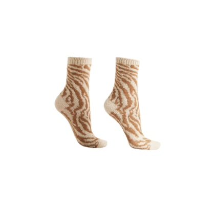 Meia Curta Efeito Soft Animal Print - Off-White