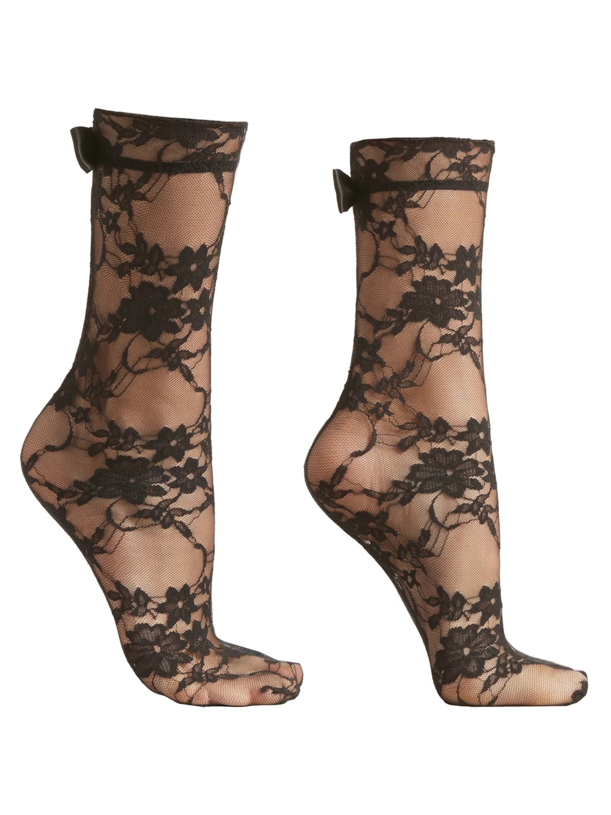 Meia Curta Em Renda Com Laço - Preto