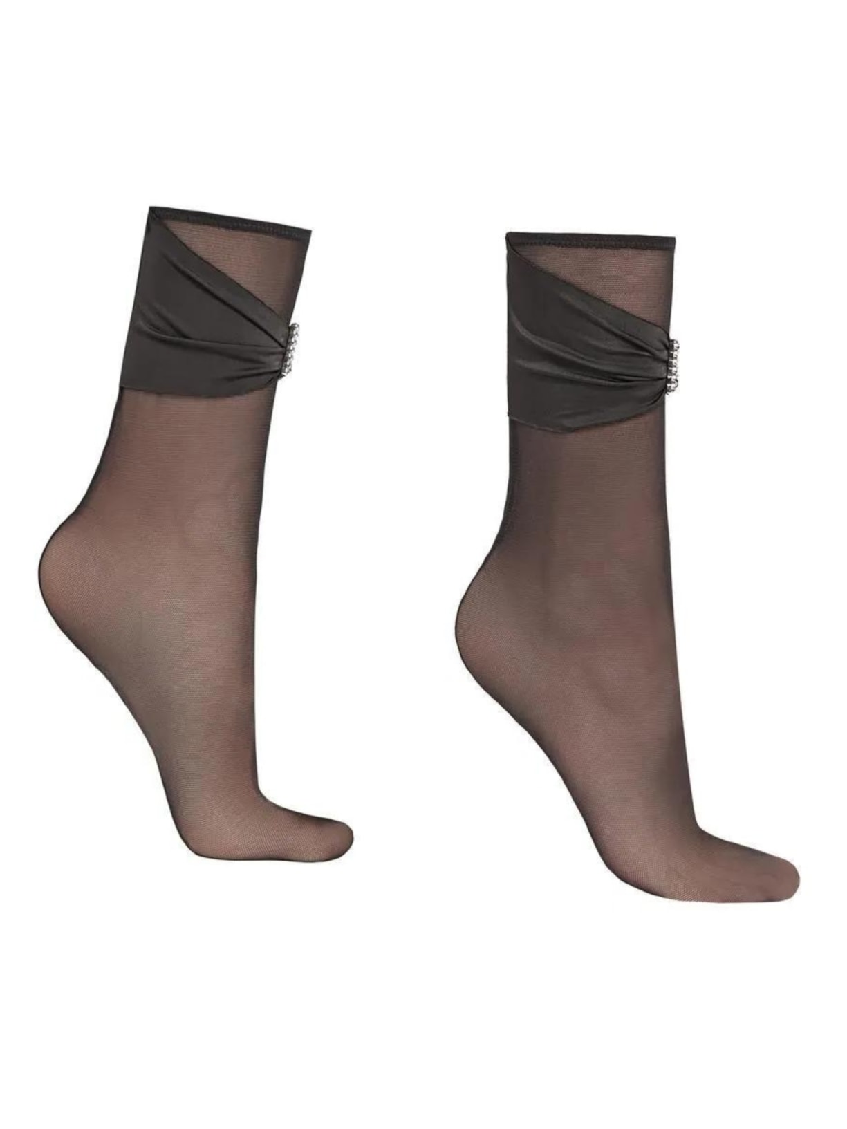 Meia Curta Em Tule Com Fivela De Strass - Preto