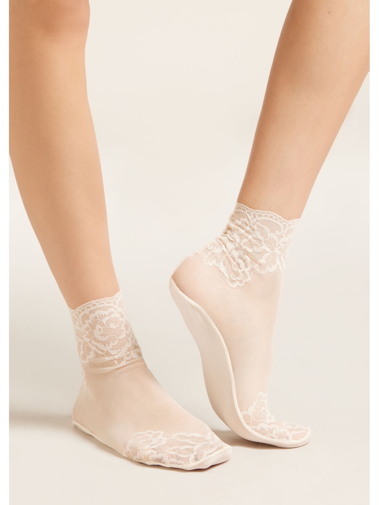 Meia Curta Em Tule e Renda Off-White Calzedonia