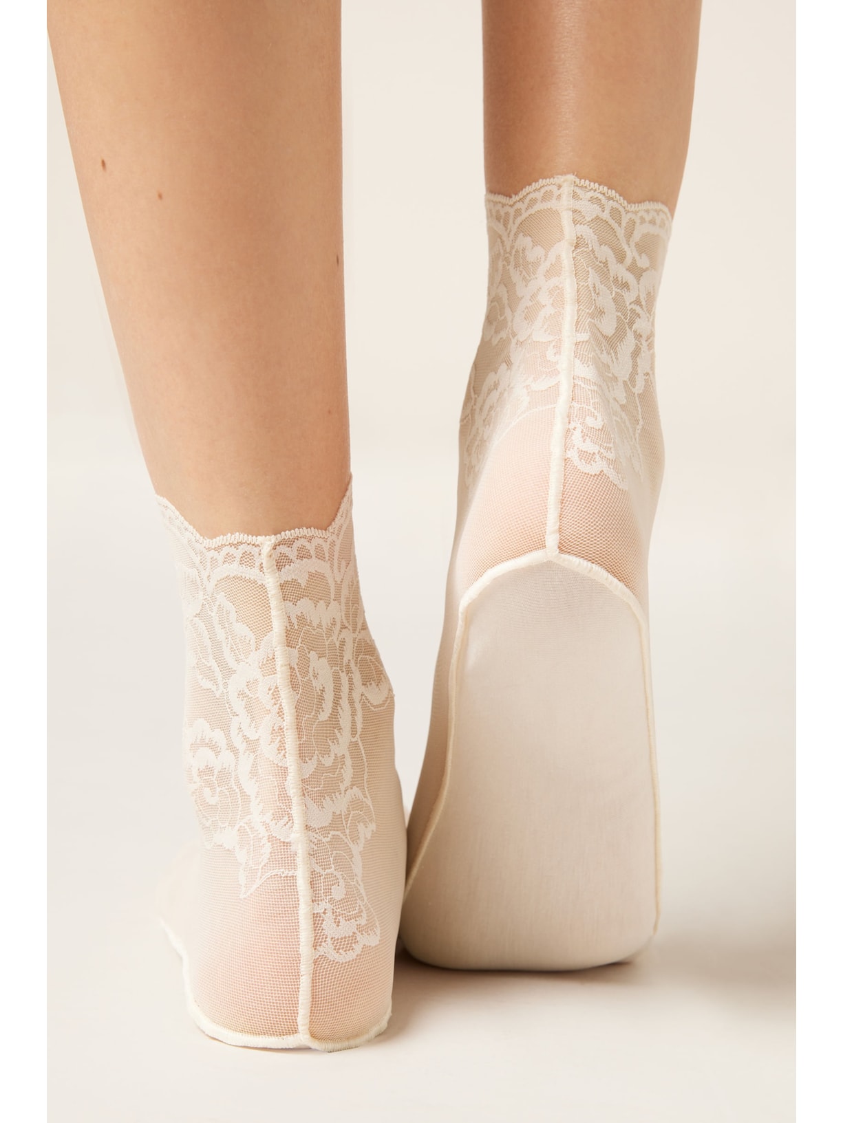 Meia Curta Em Tule e Renda Off-White Calzedonia