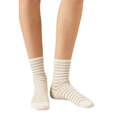 Meia Curta Listrada Em Algodão - Off-White