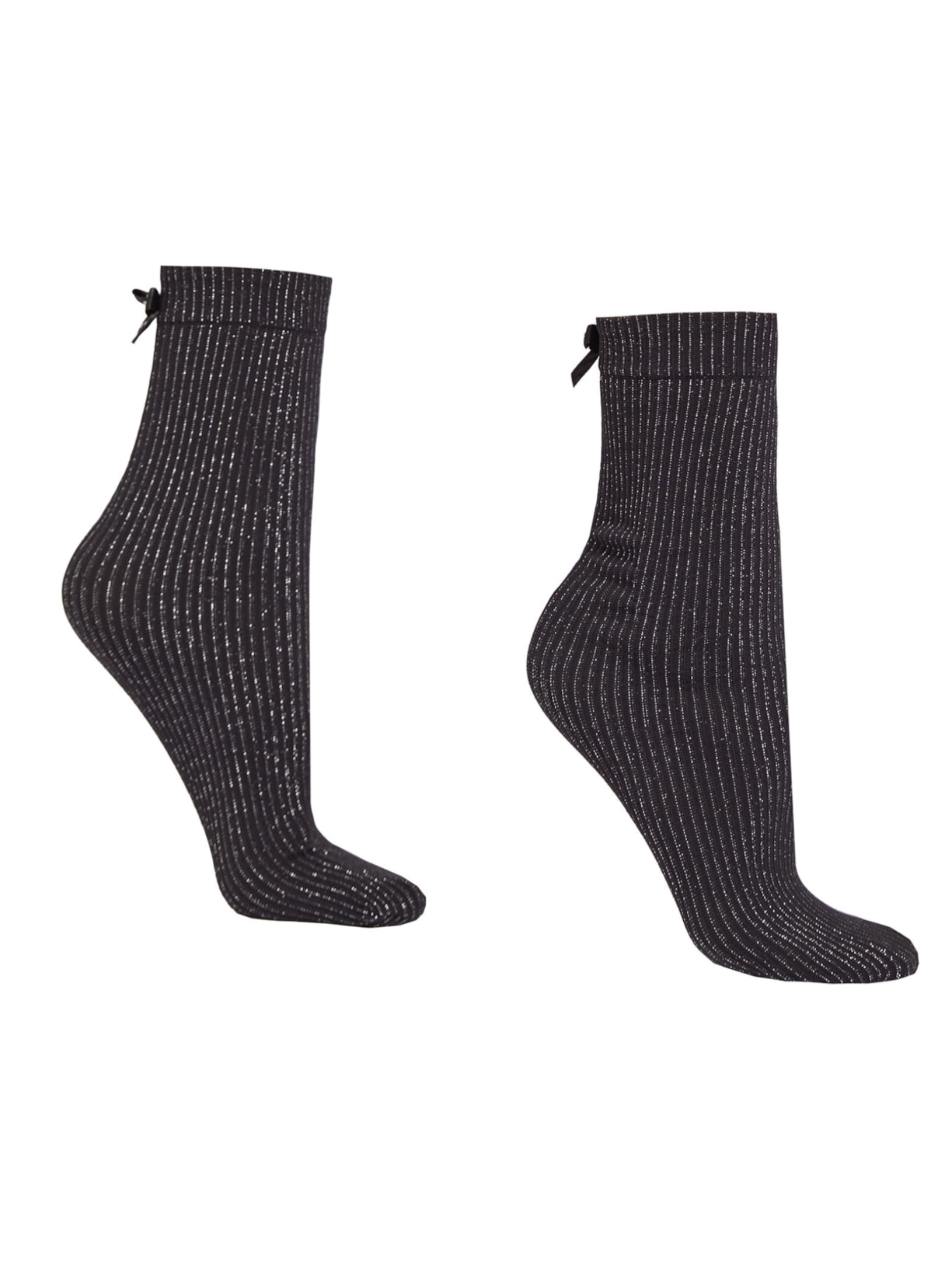 Meia Curta Opaca Canelada Com Glitter e Laço - Preto