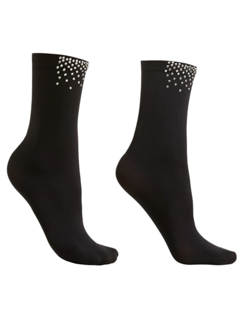 Meia Curta Opaca Com Strass - Preto