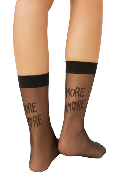 Meia Curta Transparente Com Estampa More Amore - Preto