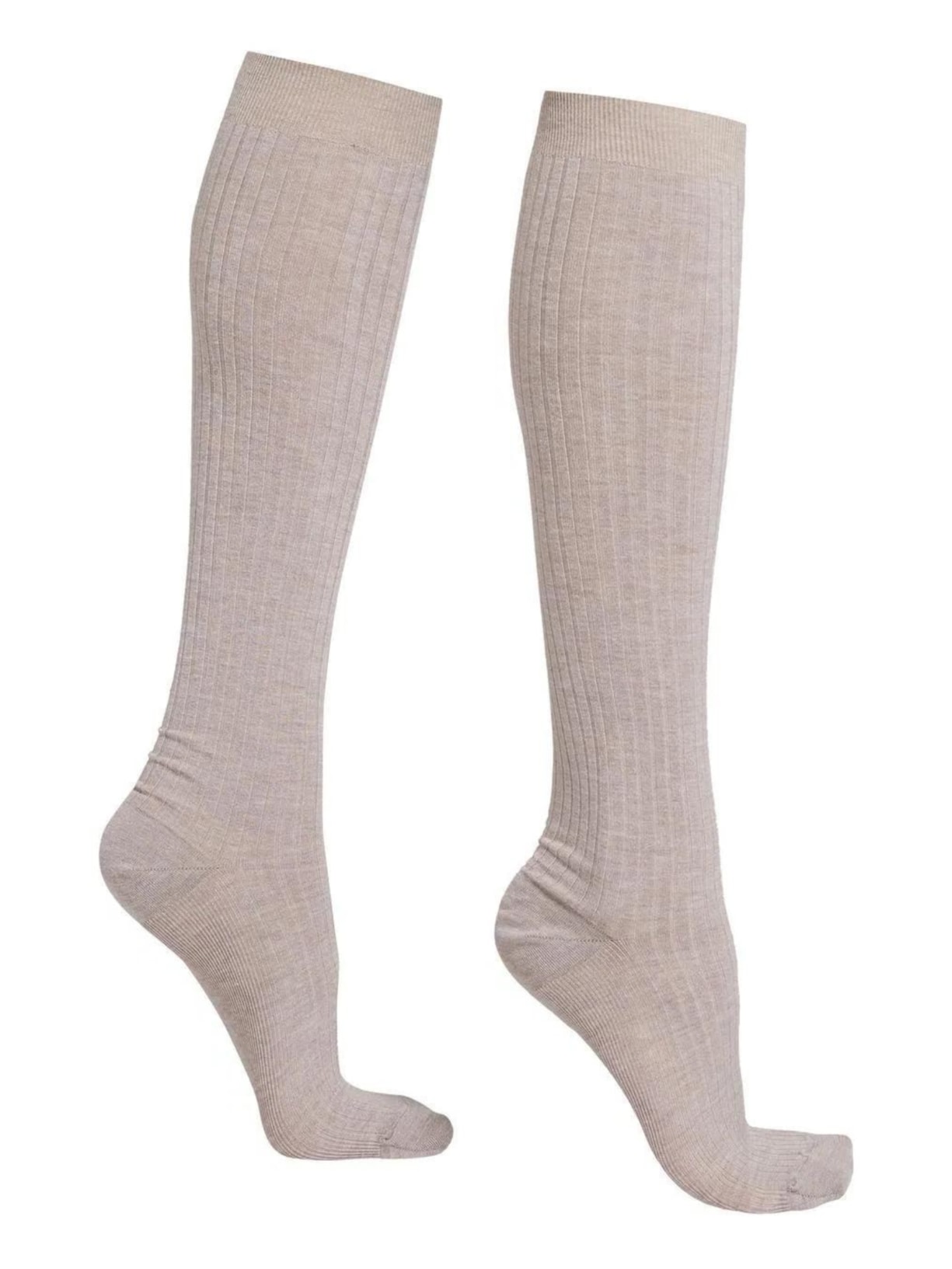 Meia Longa Canelada Com Cashmere - Bege