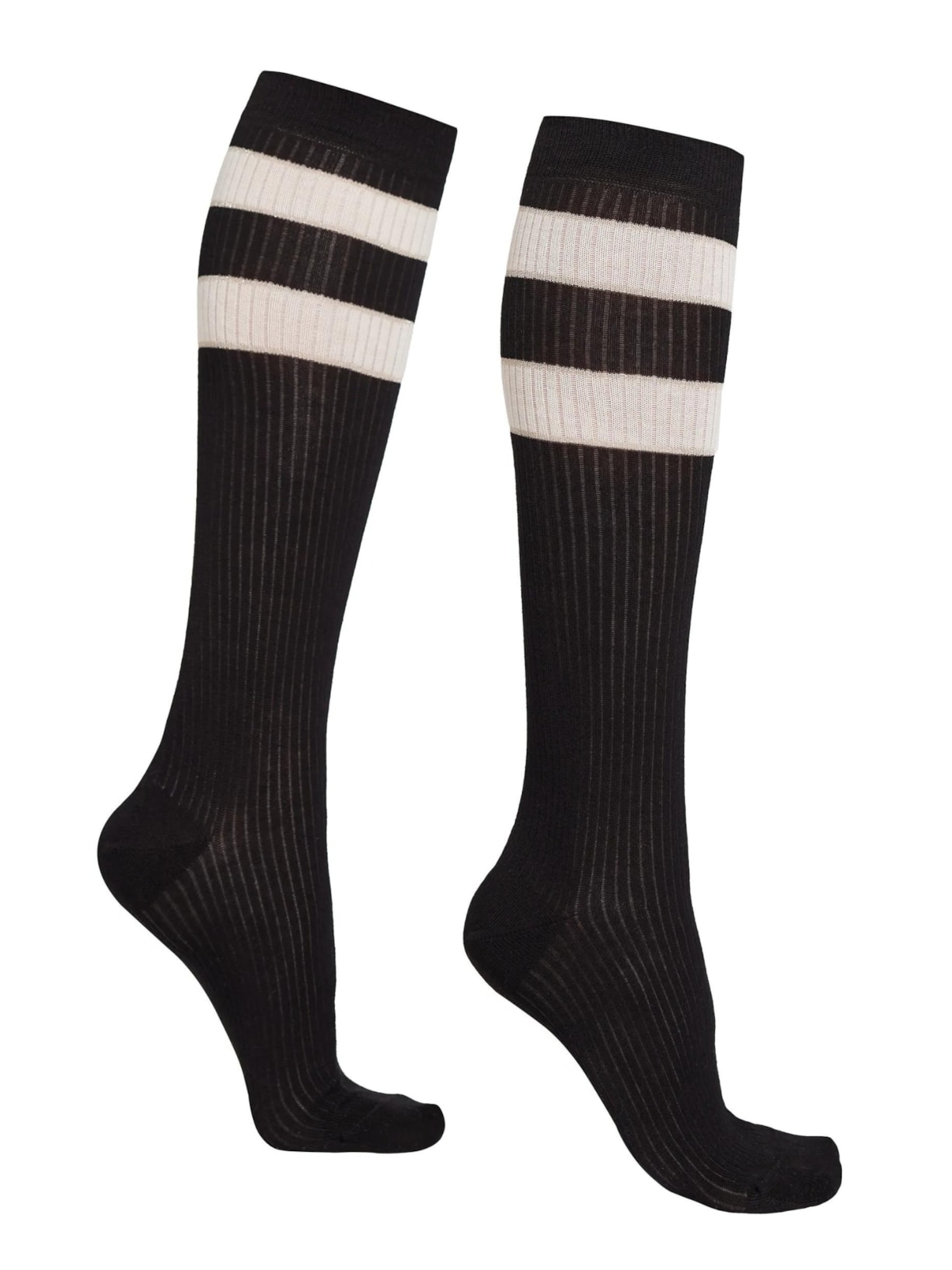 Meia Longa Canelada Com Padrão De Listras - Preto