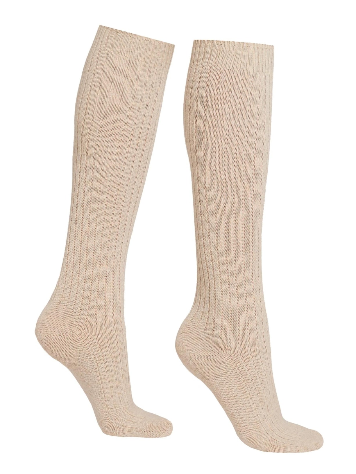 Meia Longa Canelada Em Lã e Cashmere - Bege