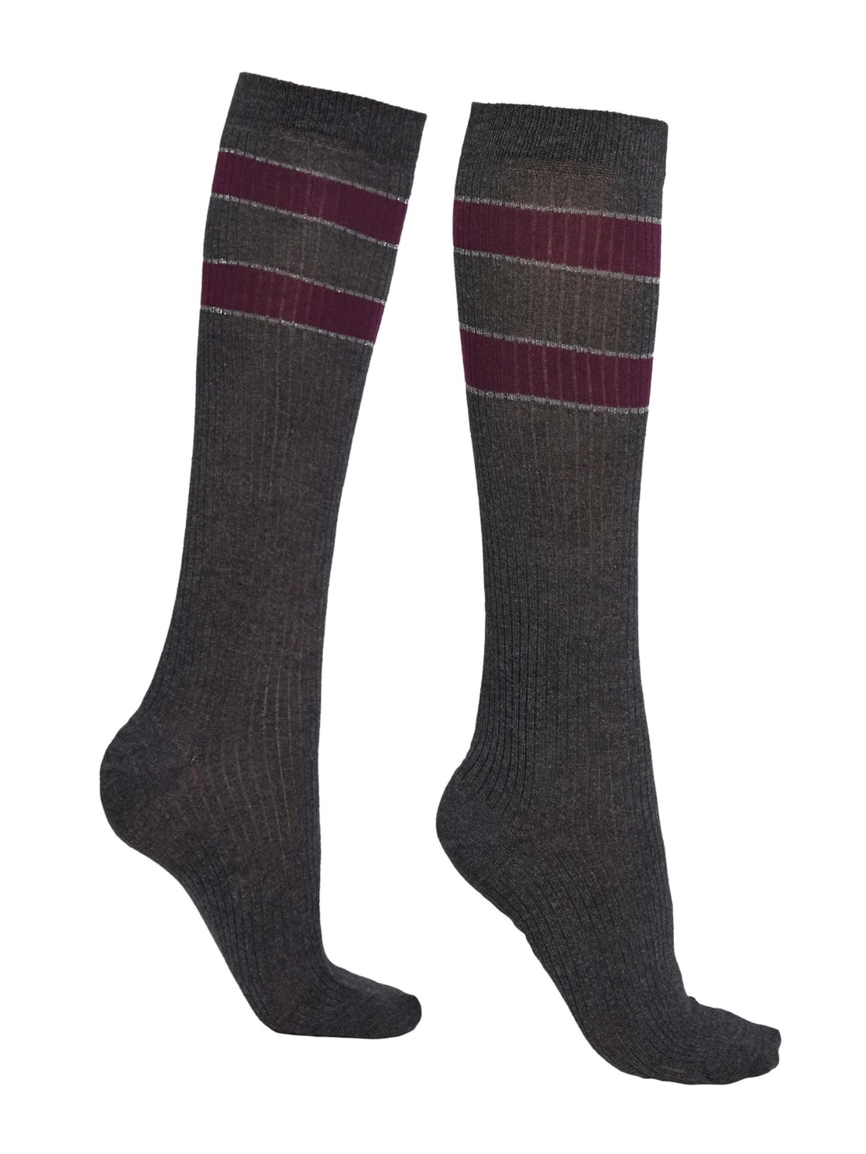 Meia Longa Caneladas Com Padrão De Listras - Cinza