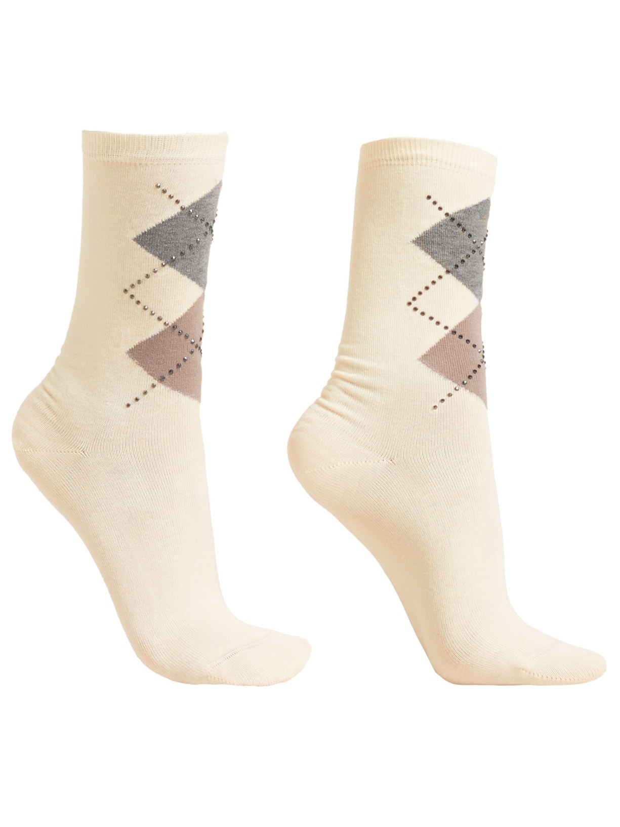 Meia Xadrez Argyle e Strass - Off-White