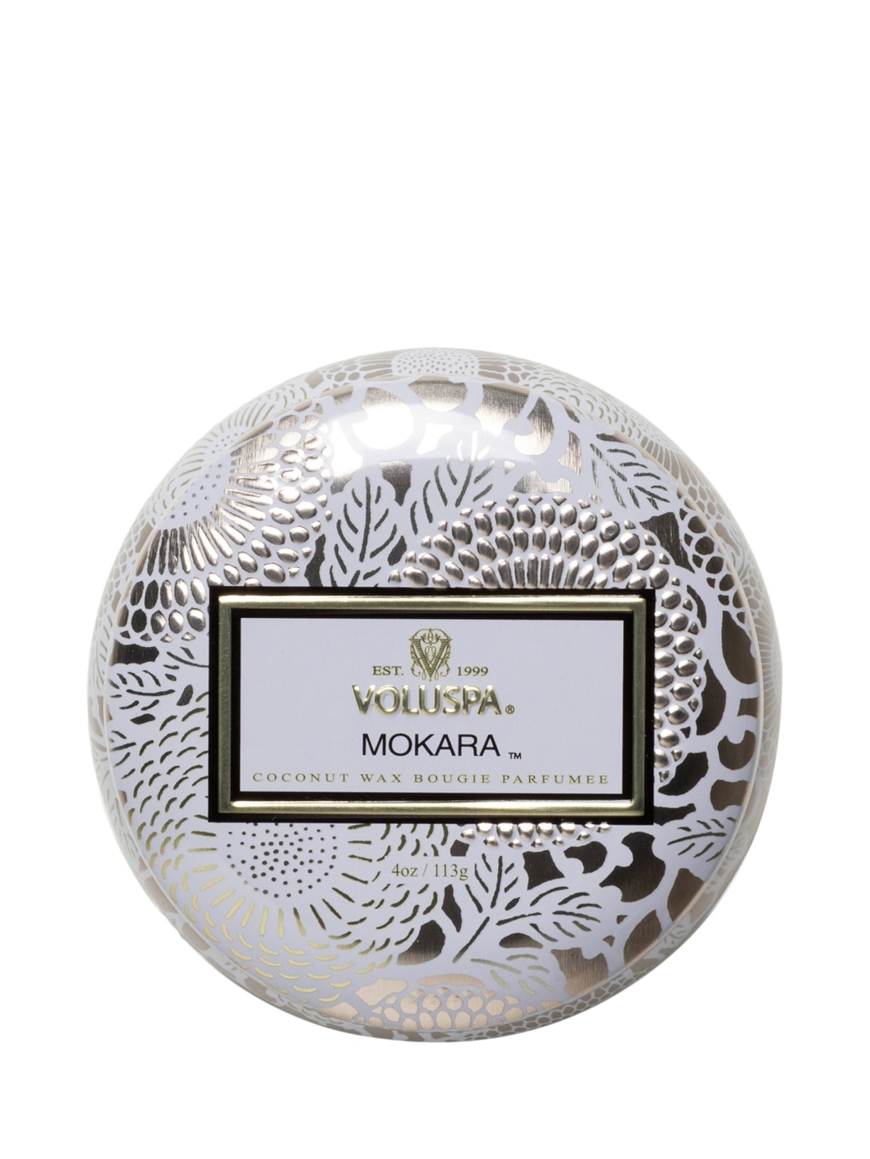 Mini Vela Lata 25h Relevo Mokara Branco Voluspa