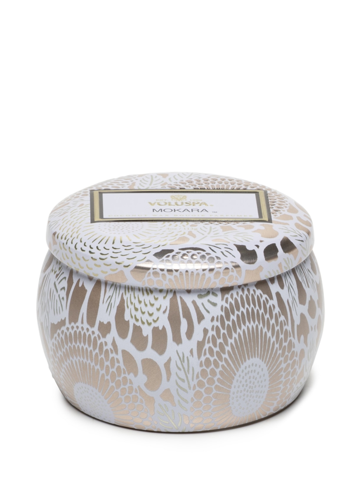 Mini Vela Lata 25h Relevo Mokara Branco Voluspa
