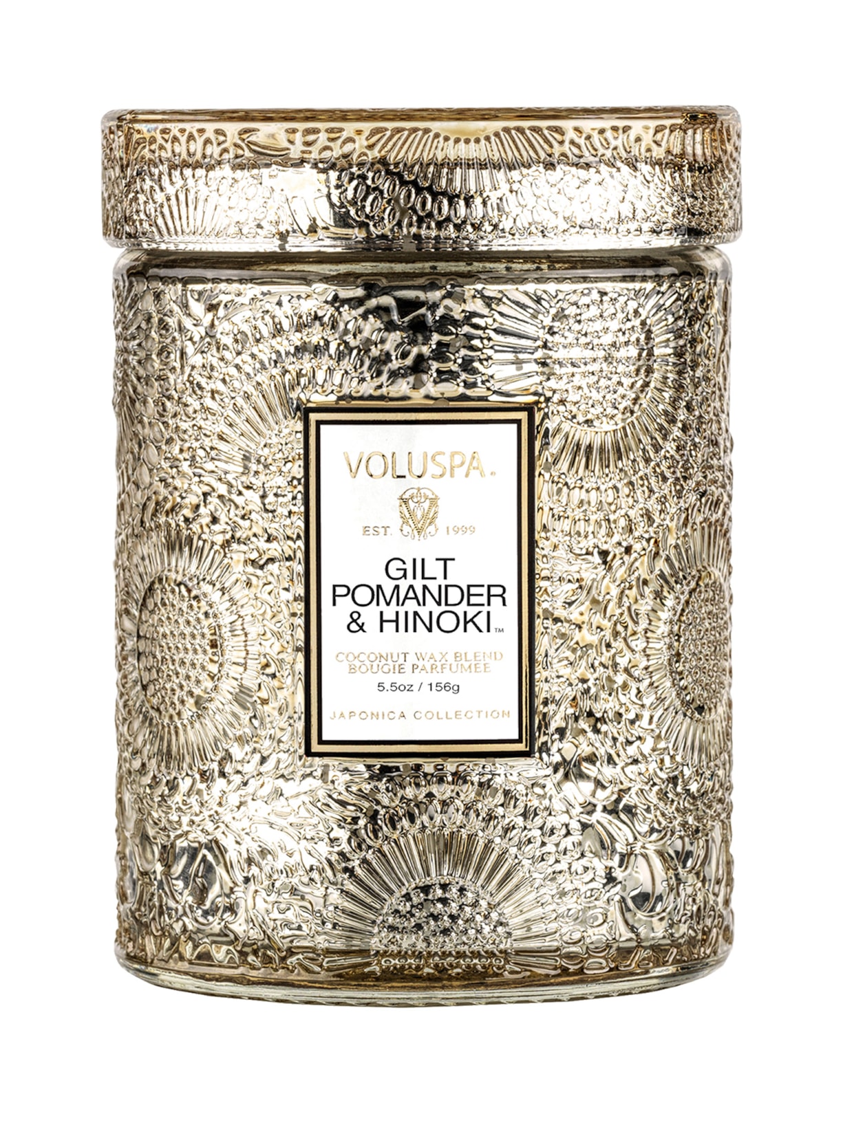 Mini Vela Pote Vidro 50H Relevo Gilt Pomander Hinoki Dourado Voluspa