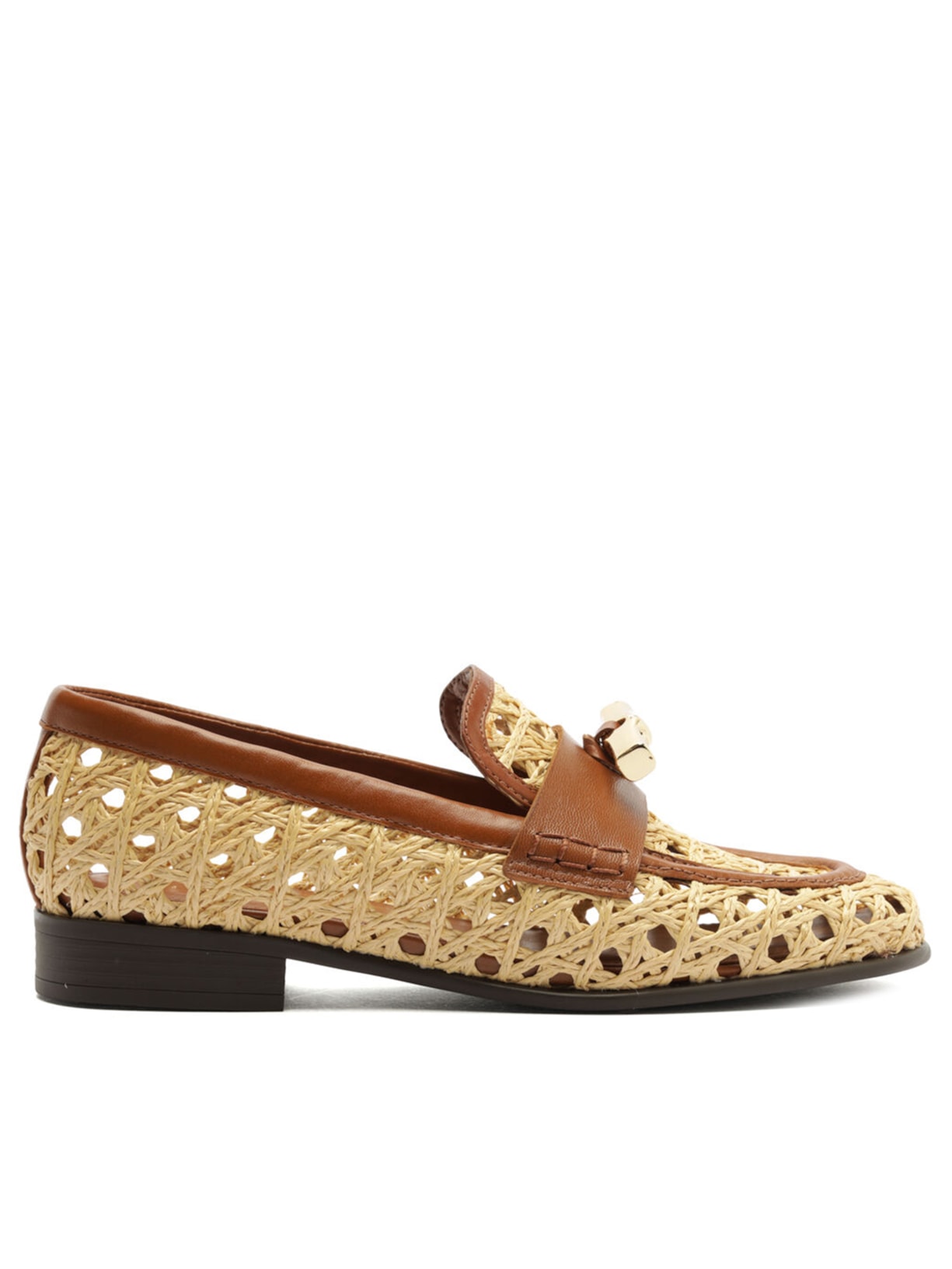 Mocassim Feminina Couro Palha Sextavada Metal - Marrom