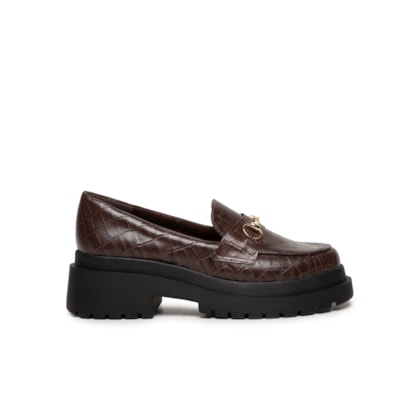 Mocassim Feminino Em Couro Croco Solado Alto - Marrom