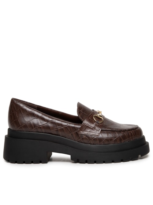 Mocassim Feminino Em Couro Croco Solado Alto - Marrom