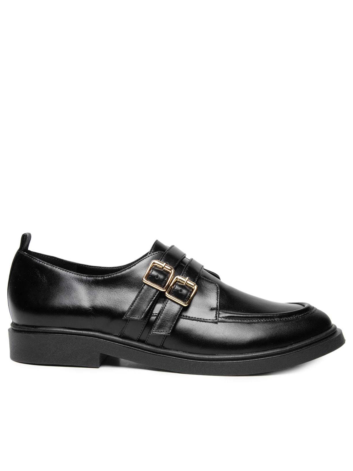 Mocassim Feminino Em Couro Fivelas Douradas Preto Basiq
