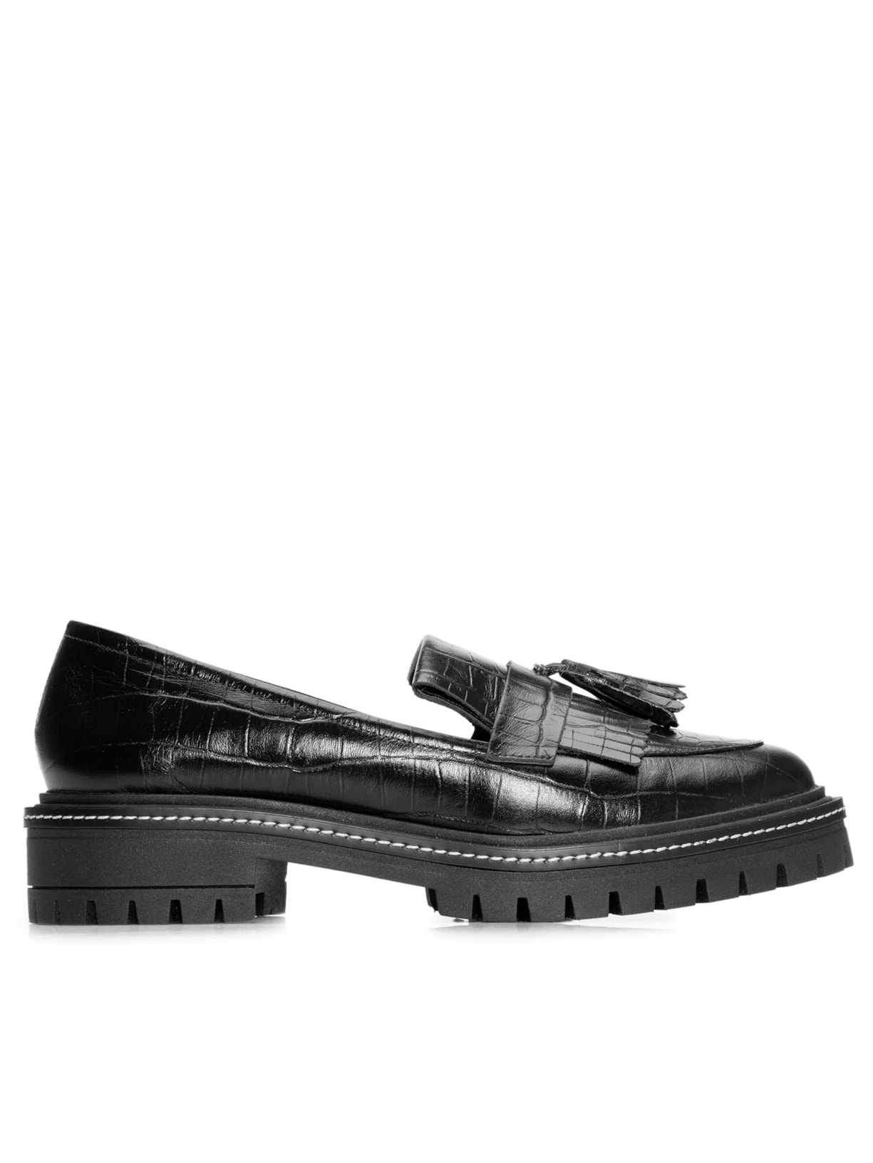 Mocassim Feminino Salto Bloco Tratorado Couro - Preto