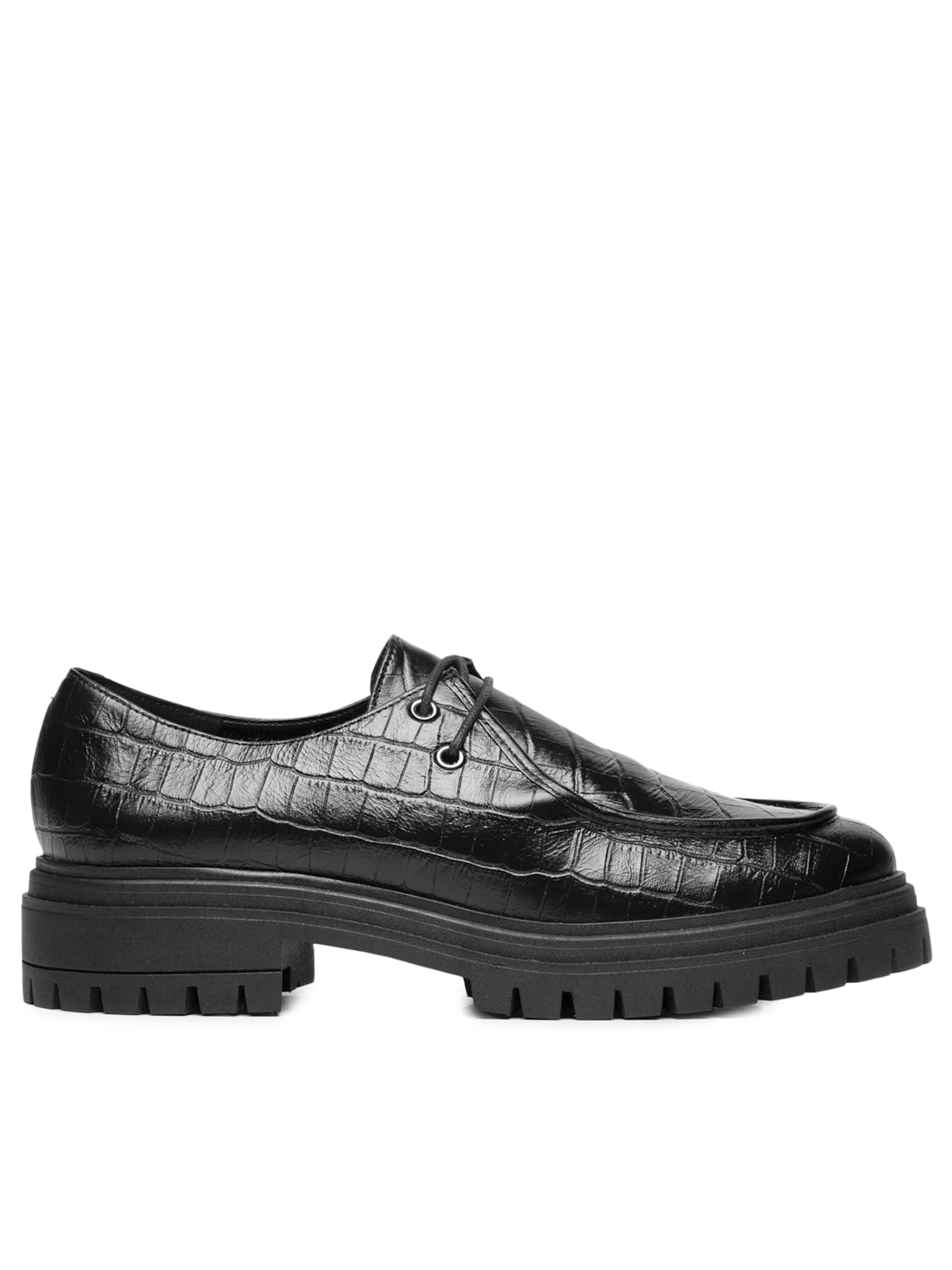 Mocassim Feminino Tratorado Em Couro Croco - Preto
