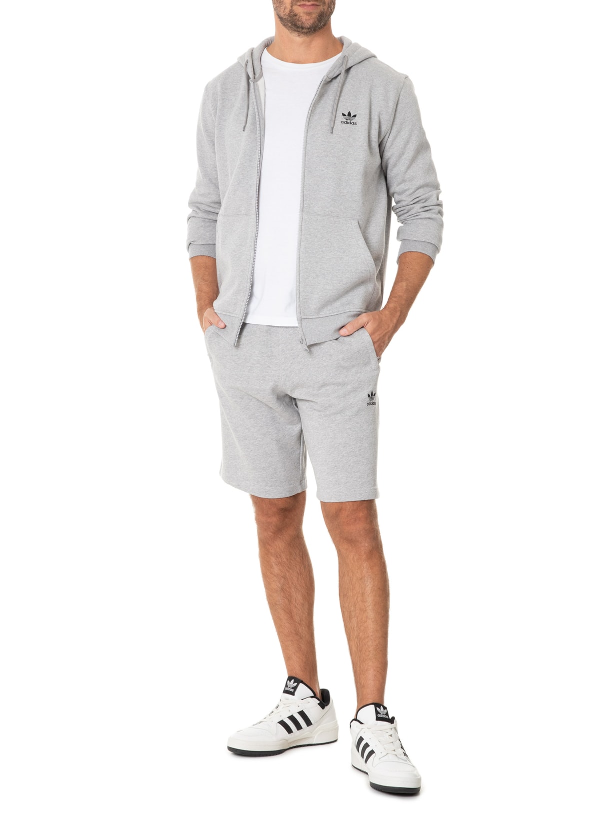 Moletom Capuz Zíper Trefoil Essentials Cinza Adidas Originals