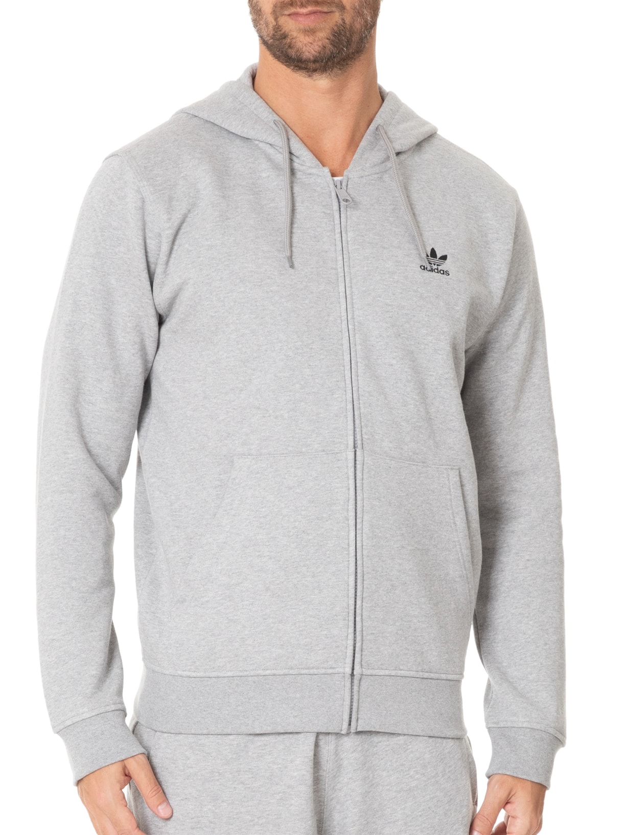 Moletom Capuz Zíper Trefoil Essentials Cinza Adidas Originals