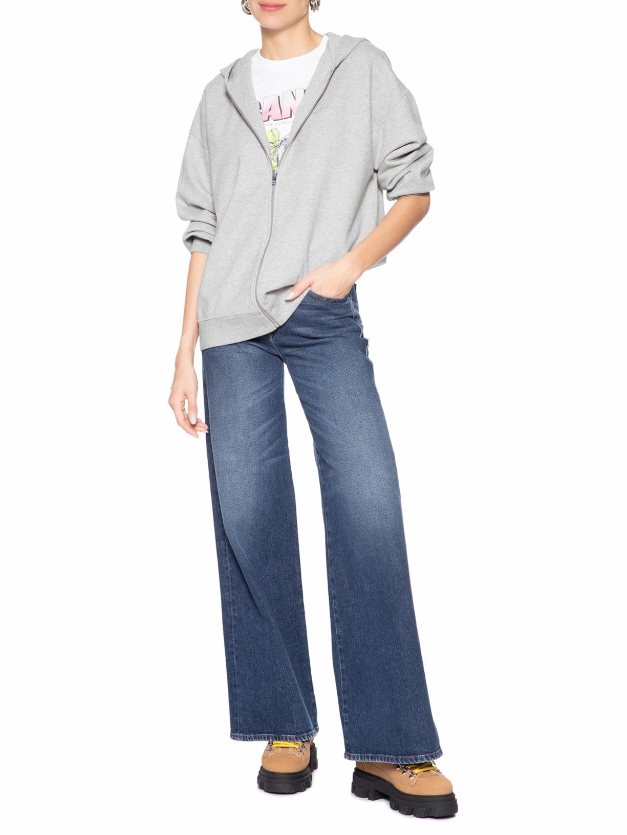 Moletom Feminino Isoli Teddy Oversized Zip Cinza Ganni