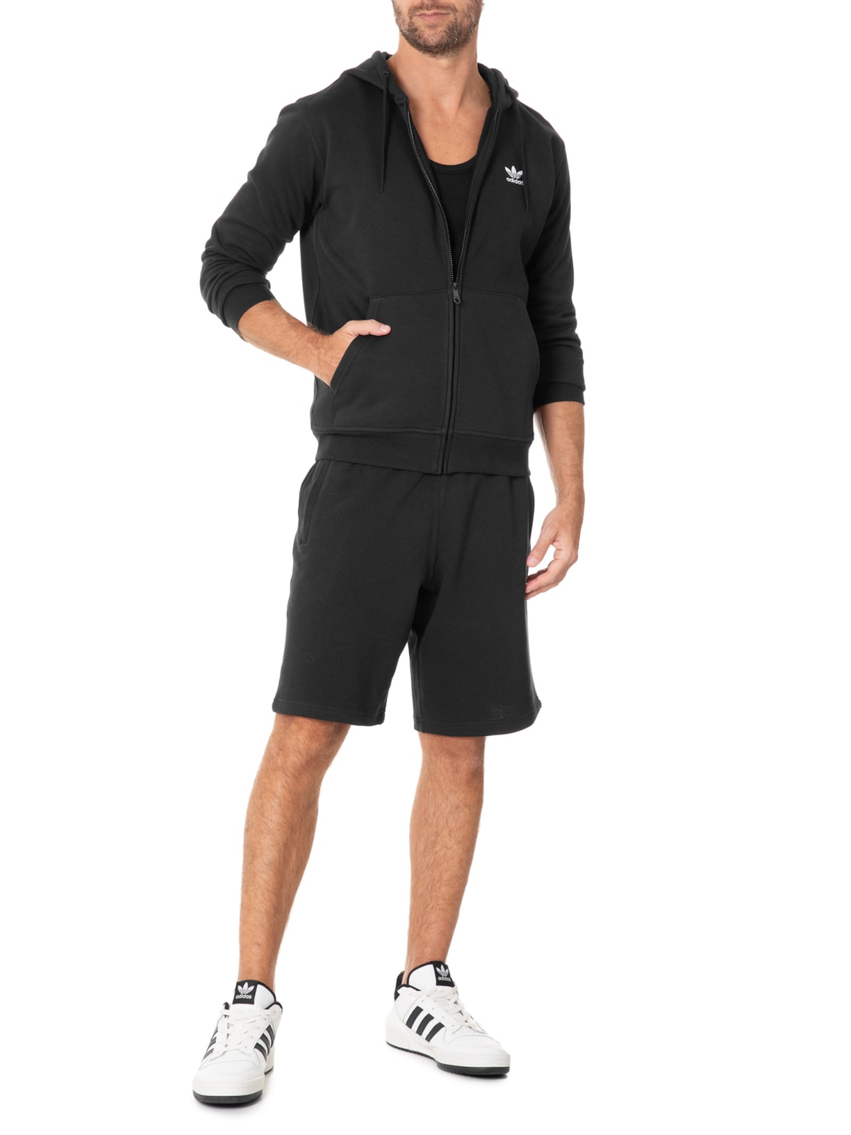 Moletom Masculino  Capuz Zíper Trefoil Essentials Preto Adidas Originals