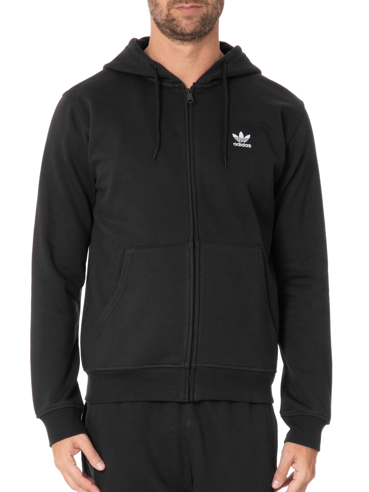 Moletom Masculino  Capuz Zíper Trefoil Essentials Preto Adidas Originals