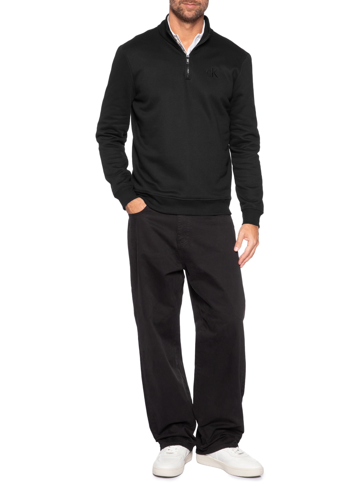 Moletom Masculino Meio Zíper CK Bordado Preto Calvin Klein Jeans