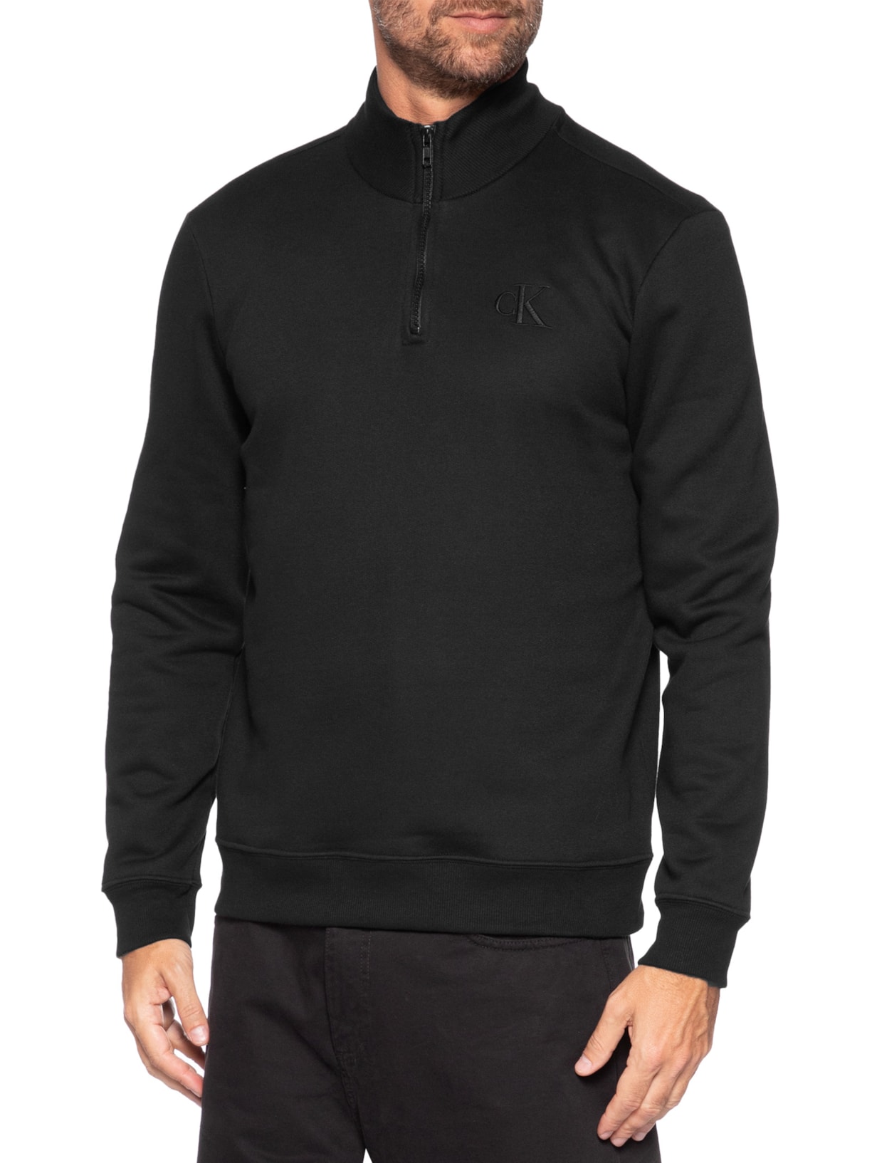 Moletom Masculino Meio Zíper CK Bordado Preto Calvin Klein Jeans