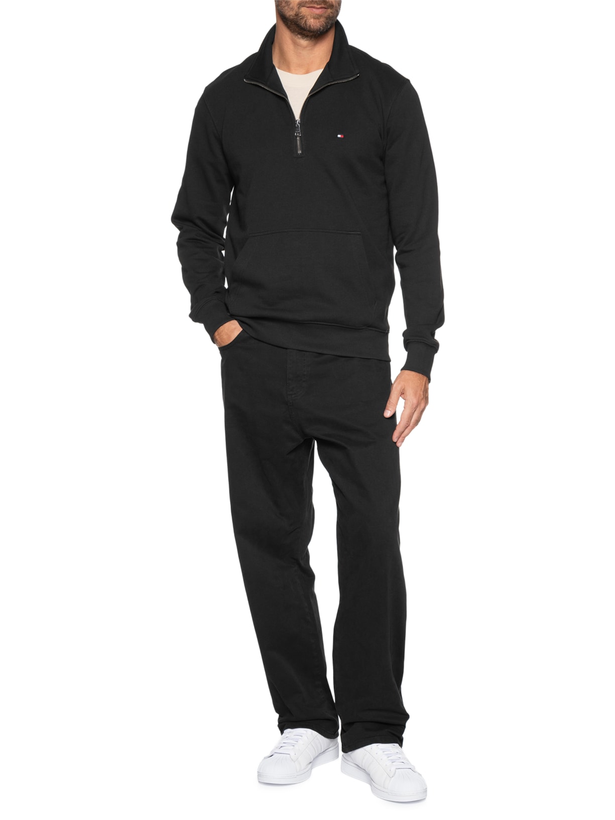 Moletom Masculino New Essential Gola Alta Meio Zíper Preto Tommy Hilfiger