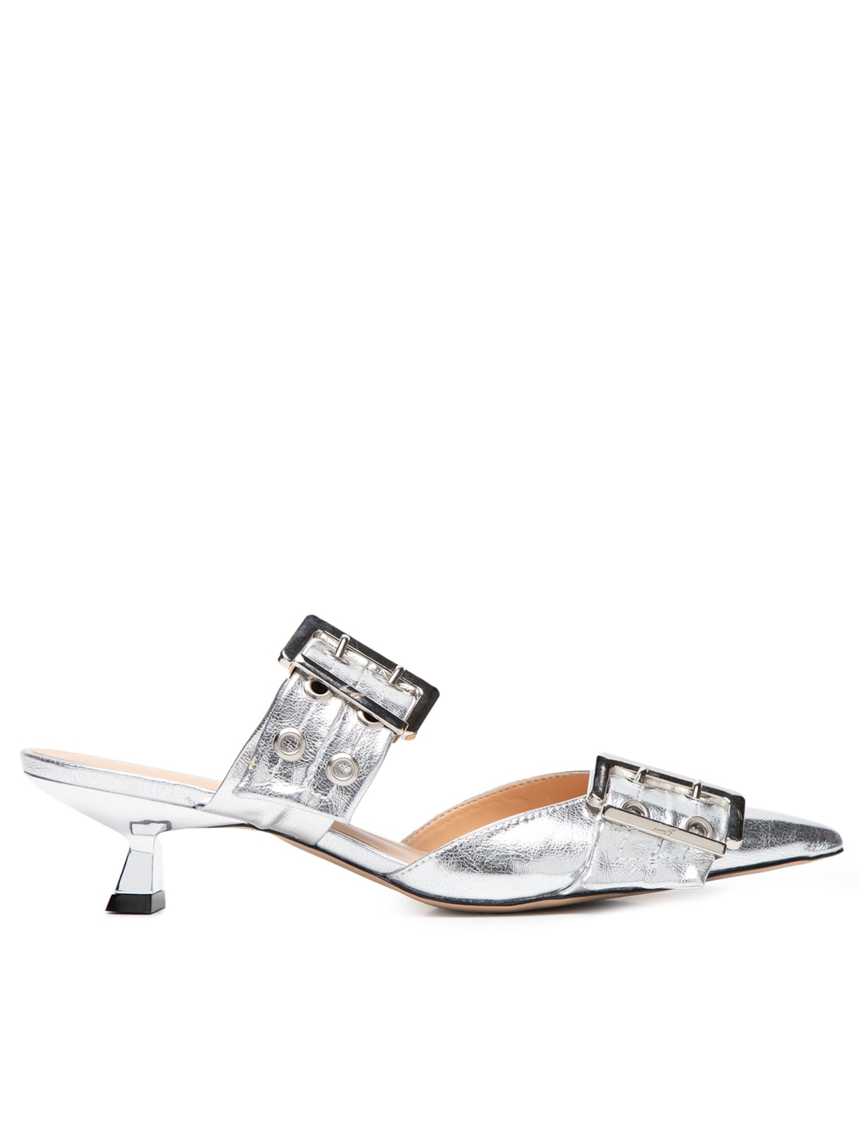 Mule De Salto Baixo Em Couro Com Maxi Fivelas - Prata