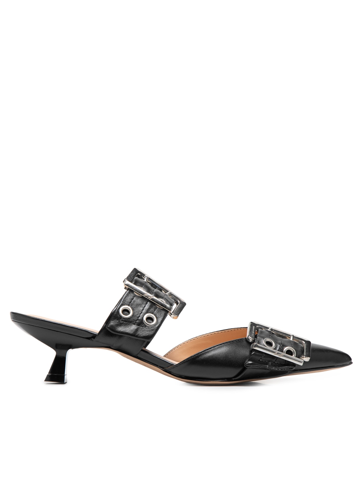 Mule De Salto Baixo Em Couro Com Maxi Fivelas - Preto