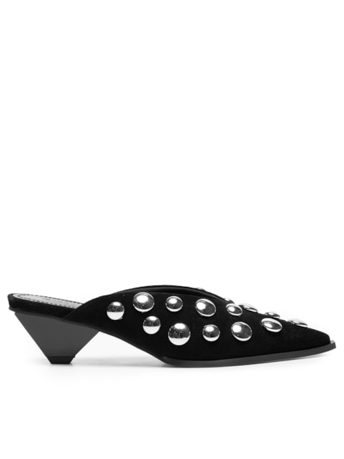 Mule Feminino Bico Fino Com Taxas Em Couro - Preto