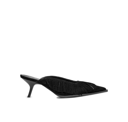 Mule Feminino Bico Fino E Franjas Em Couro - Preto