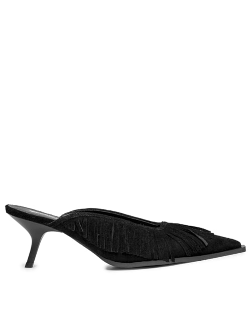 Mule Feminino Bico Fino E Franjas Em Couro - Preto