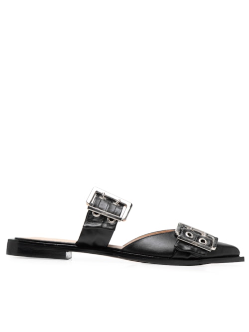 Mule Feminino Bico Fino Maxi Fivela Ilhóses - Preto