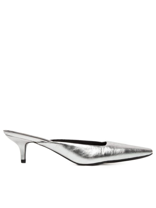 Mule Feminino Bico Quadrado Em Couro - Prateado