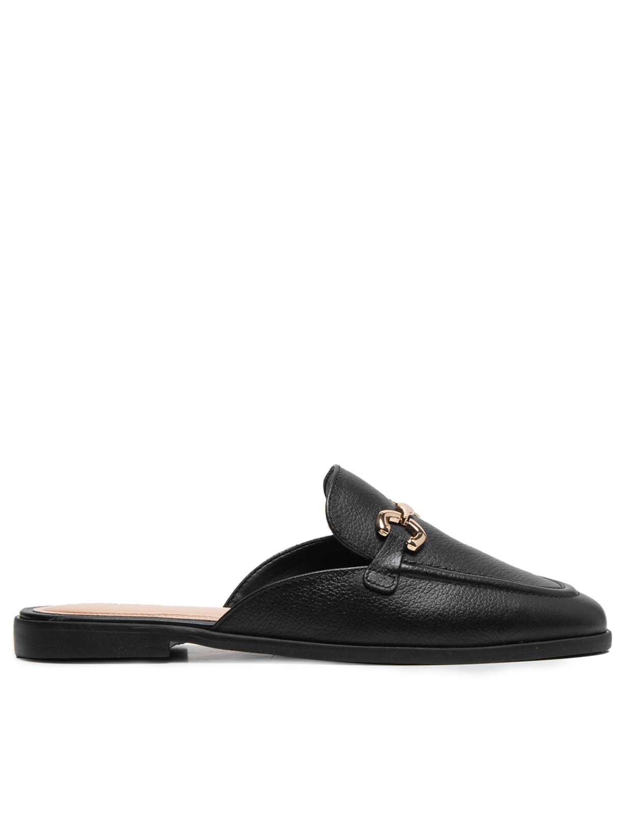 Mule Feminino Couro Bridão Metálico Básico - Preto