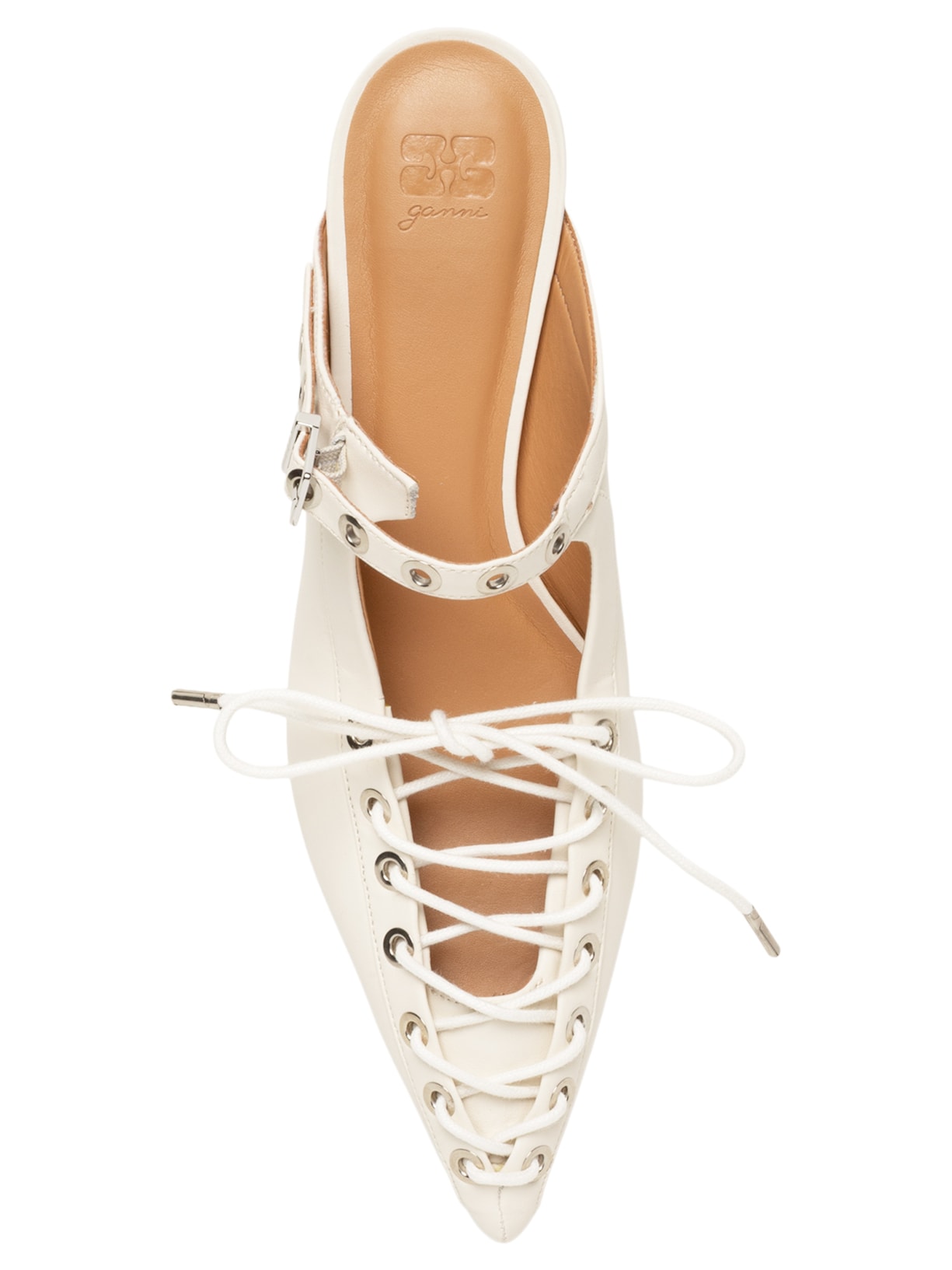 Mule Feminino Eyelets Lace Up Branco Ganni