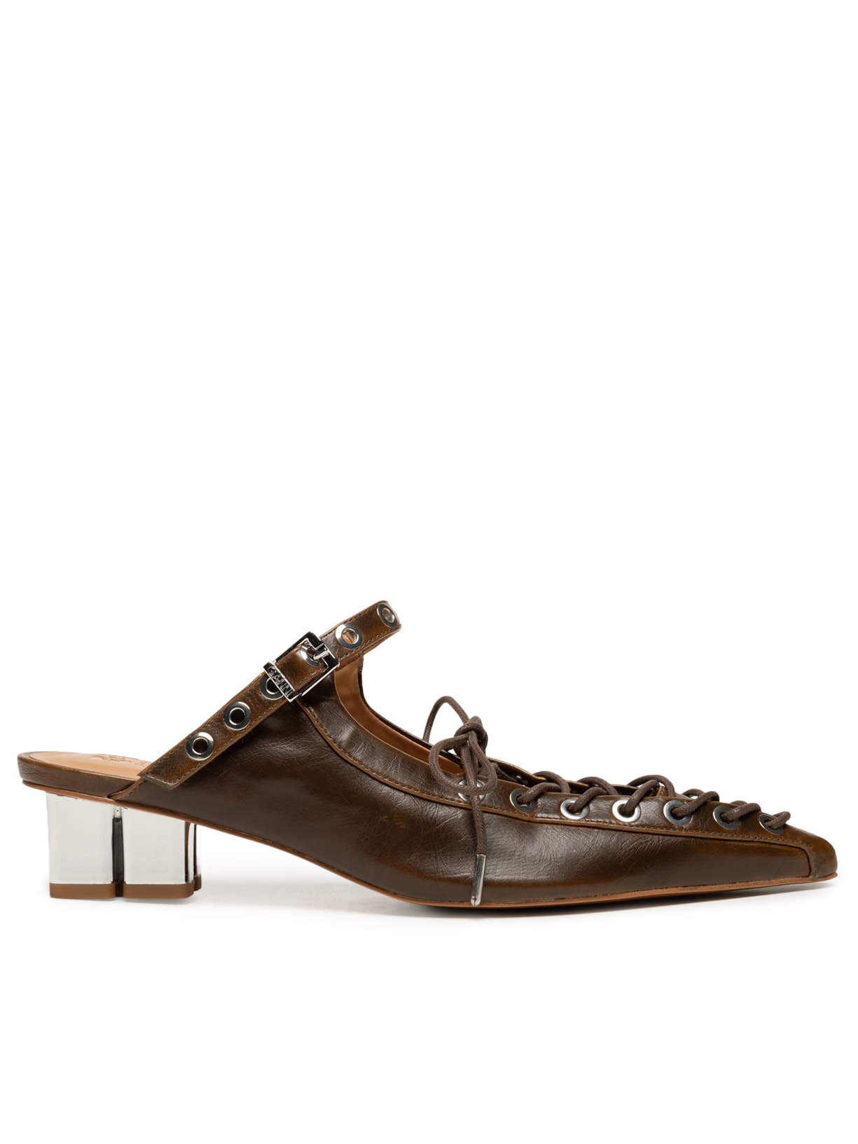 Mule Feminino Eyelets Lace Up Crinckle Oleatex Marrom Ganni