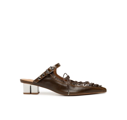 Mule Feminino Eyelets Lace Up Crinckle Oleatex - Marrom